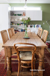 dining room, wooden dining table and chairs, green feature wall, green kitchen