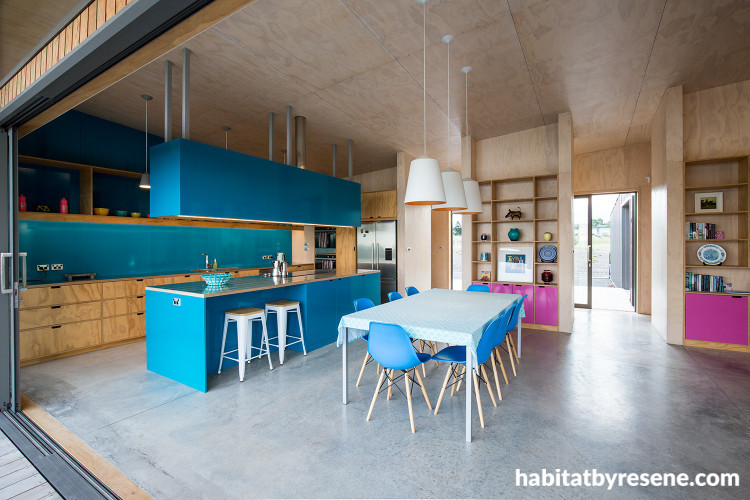 kitchen, colourful kitchen, blue kitchen, resene smitten, resene allports