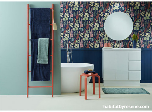 bathroom wallpaper, bathroom inspiration, towel ladder, bathroom mirror, freestanding bath, Resene 