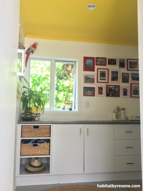 laundry inspiration, laundry ideas, colourful ceiling, bright laundry, yellow ceiling, resene