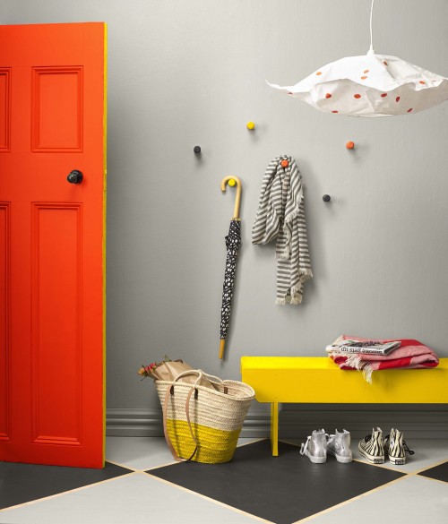 entranceway, hallway, red front door, grey hallway, grey entranceway, front entrance