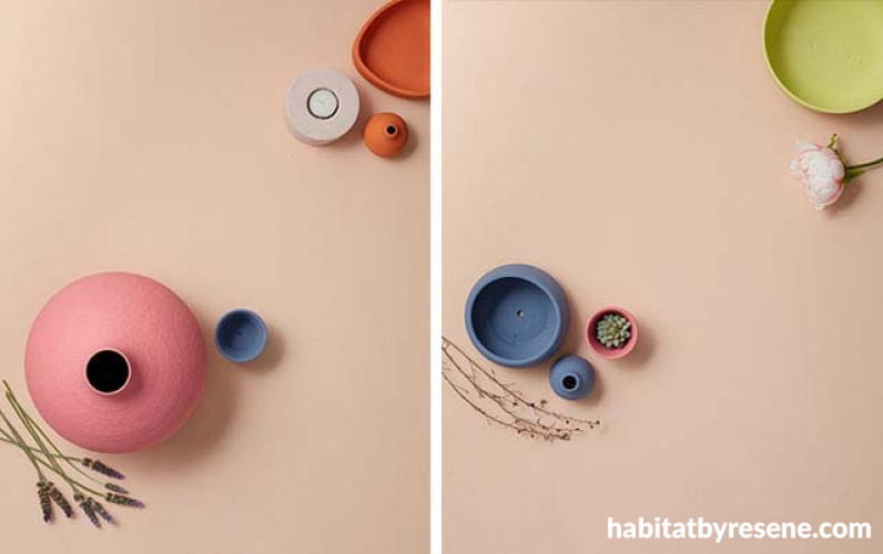 peach paint, flatlay, pink flatlay, painted vases, painted bowls, colour inspiration
