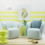 yellow lounge, blue and yellow interior, yellow striped wall, yellow feature wall
