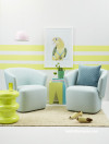 yellow lounge, blue and yellow interior, yellow striped wall, yellow feature wall