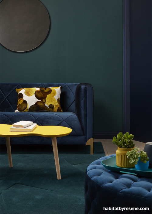 green lounge, green interior, green feature wall, resene atlas, blue sofa, yellow and green