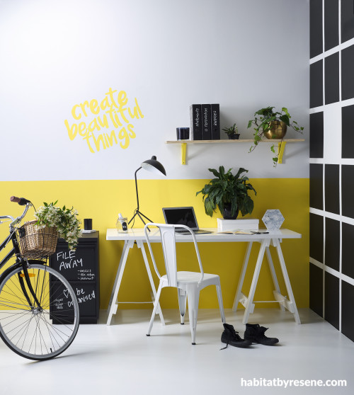 yellow home office, yellow study, black and yellow interior, resene wild thing, yellow feature wall