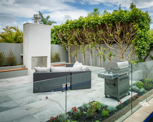 garden, outdoor fireplace, outdoor dining, outdoor entertaining, grey outdoors, planter beds