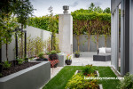 garden, outdoor fireplace, outdoor entertaining, raised planter beds, grey outdoors