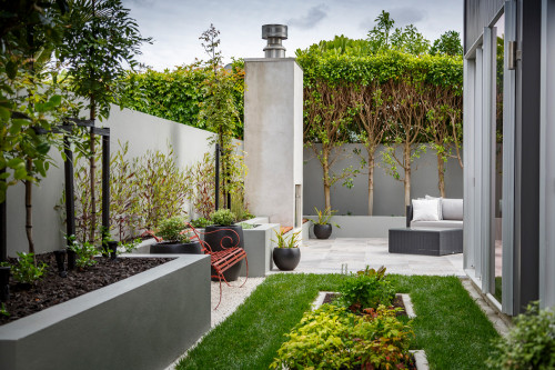 garden, outdoor fireplace, outdoor entertaining, raised planter beds, grey outdoors