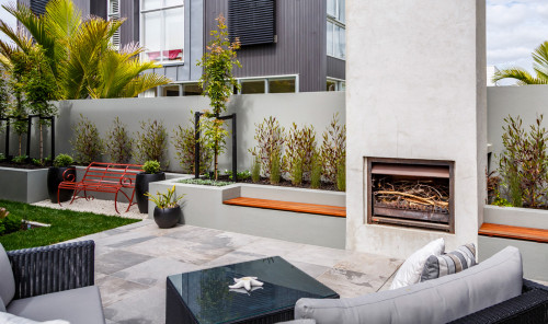 garden, outdoor fireplace, outdoor dining, planter beds, outdoor entertaining, vintage benchseat