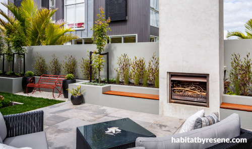 garden, outdoor fireplace, outdoor dining, planter beds, outdoor entertaining, vintage benchseat 