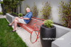 garden, vintage bench seat, raised planter beds, grey outdoors, red garden seat 