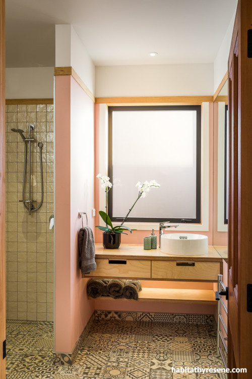 bathroom inspiration, bathroom ideas, bathroom design, pink bathroom ideas, feature bathroom tiles