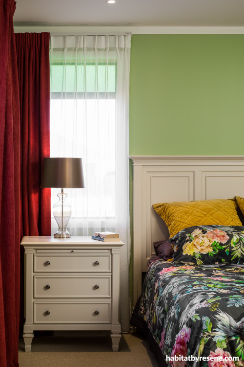 bedroom inspiration, bedroom ideas, bedroom design, green bedroom ideas, green feature wall, resene