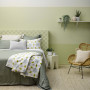 green bedroom, green feature wall, striped wall, green striped wall, green gradient wall
