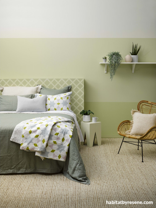 green bedroom, green feature wall, striped wall, green striped wall, green gradient wall