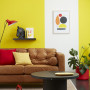 lounge, living room, yellow lounge, yellow living room, striped feature wall, yellow feature wall