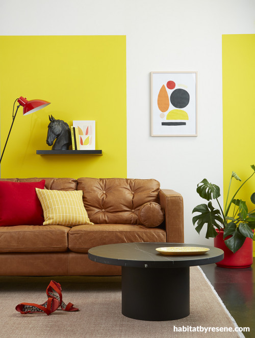 lounge, living room, yellow lounge, yellow living room, striped feature wall, yellow feature wall