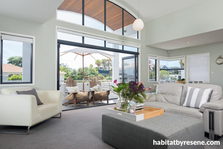 living room, lounge, beach house, duck egg blue paint, indoor-outdoor flow 