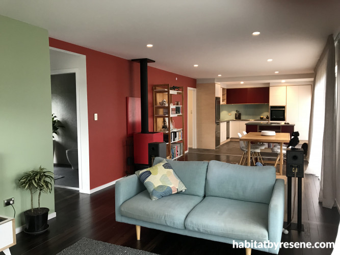 Living room, open plan living, open plan living inspiration, red dining room, Resene 
