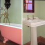 bathroom inspiration, bathroom ideas, green bathroom ideas, pink painted bath, pink clawfoot bath