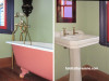 bathroom inspiration, bathroom ideas, green bathroom ideas, pink painted bath, pink clawfoot bath