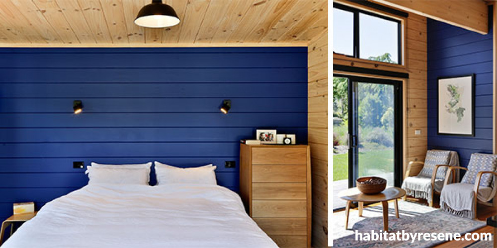 painted lockwood, lockwood interior, blue lockwood, blue feature wall, blue bedroom