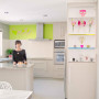 kitchen, brown kitchen, neutrals, green feature wall, green kitchen 