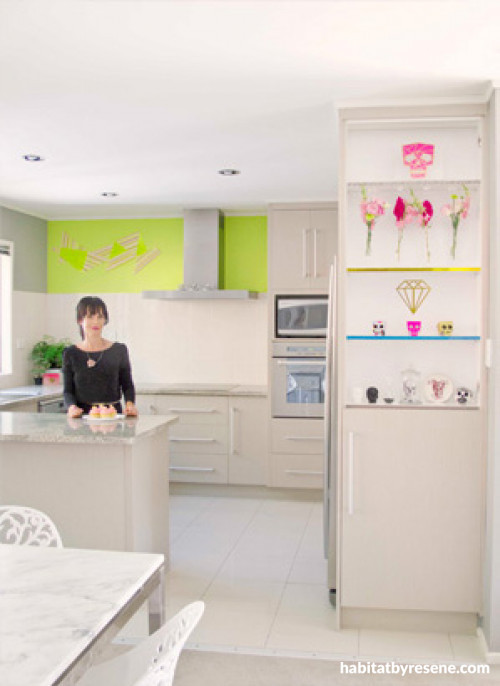 kitchen, brown kitchen, neutrals, green feature wall, green kitchen 