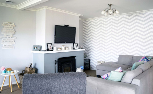 lounge, living room, feature wall, feature wallpaper, grey lounge, grey living room