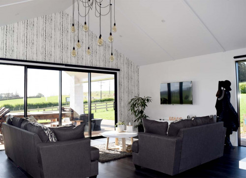 living room, lounge, monochromatic, black and white living, wallpaper feature wall, high ceilings