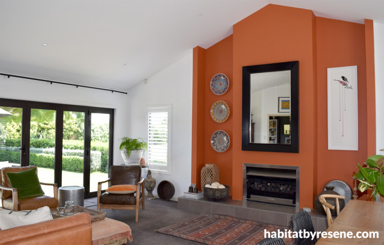 living room inspiration, feature wall ideas, orange feature wall, orange interior ideas, resene