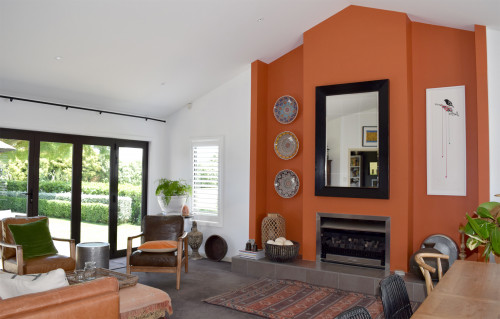 living room inspiration, feature wall ideas, orange feature wall, orange interior ideas, resene
