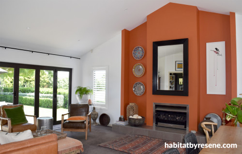 living room inspiration, feature wall ideas, orange feature wall, orange interior ideas, resene