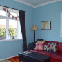 lounge, tv room, blue lounge, living room, blue and red, UK inspired, blue living room 