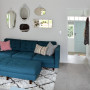 lounge, grey lounge, blue couch, mirror feature wall, blue sofa, eclectic, living room, interior  