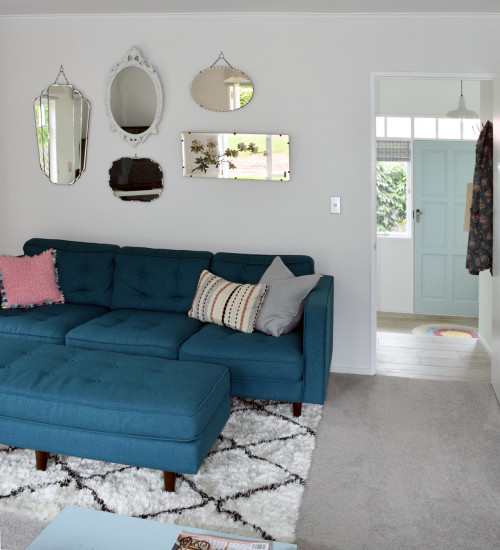 lounge, grey lounge, blue couch, mirror feature wall, blue sofa, eclectic, living room, interior