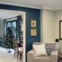 lounge, living room, blue lounge, blue feature wall, blue living room, resene cello 