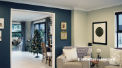 lounge, living room, blue lounge, blue feature wall, blue living room, resene cello 