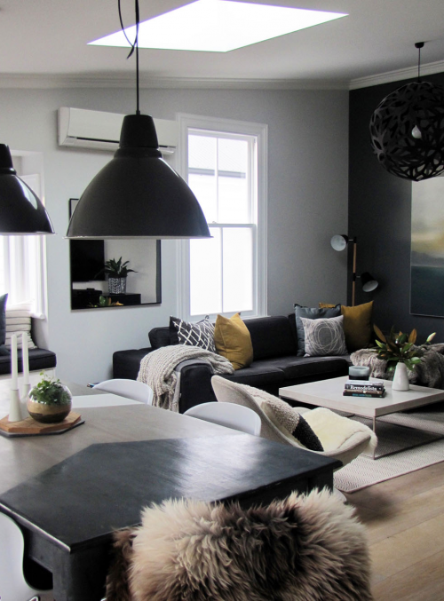 living room, lounge, villa, black and white lounge, black feature wall, neutrals