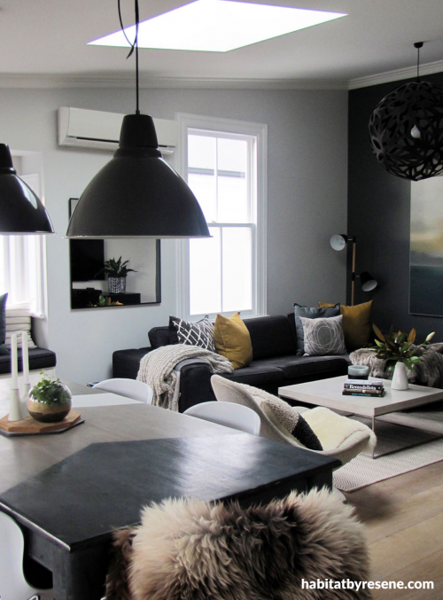living room, lounge, villa, black and white lounge, black feature wall, neutrals 
