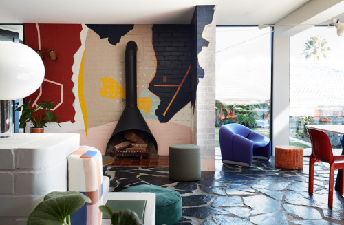 living room, lounge, fireplace, feature wall, living room mural, colourful lounge