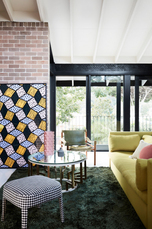 lounge, living room, brick interior, black and white, black trim