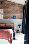 bedroom, feature wall, brick feature wall, brick interior, white bedroom, dusky pink