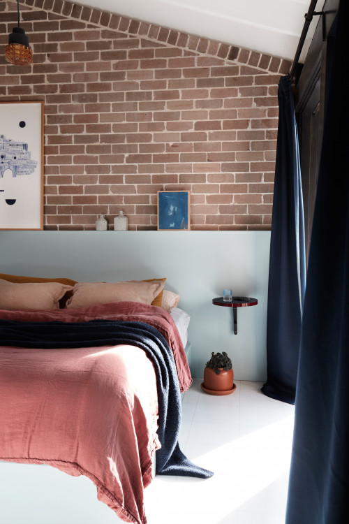bedroom, feature wall, brick feature wall, brick interior, white bedroom, dusky pink