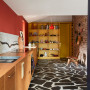 kitchen, red kitchen, yellow kitchen, brick interior, floor ideas, marble splashback 