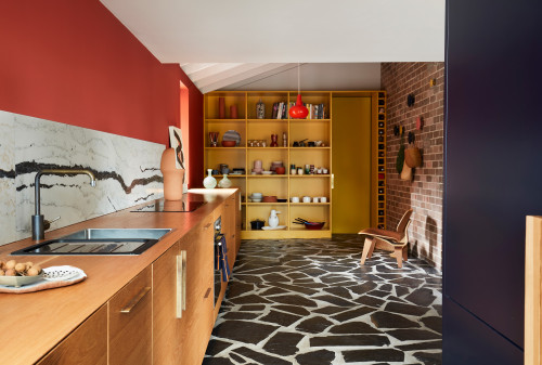 kitchen, red kitchen, yellow kitchen, brick interior, floor ideas, marble splashback