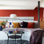 living room, kitchen, lounge, red lounge, red living room, colourful lounge 