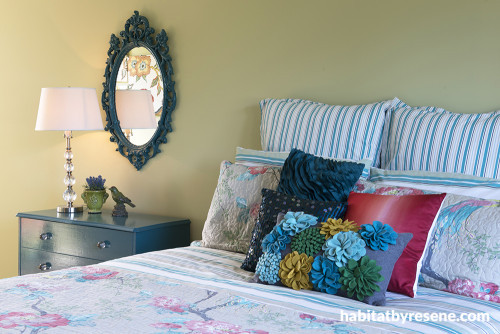 bedroom, guest bedroom, upcycled furniture, green bedroom, blue and green bedroom 
