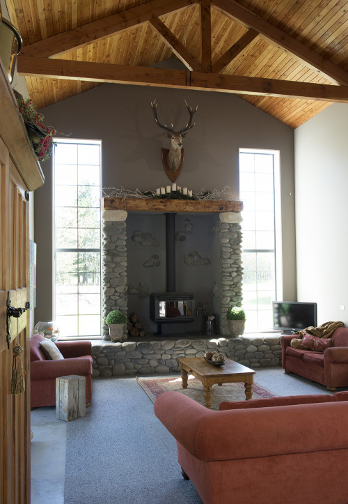 lounge, living room, family room, rustic living room, country inspired, timber ceiling, fireplace
